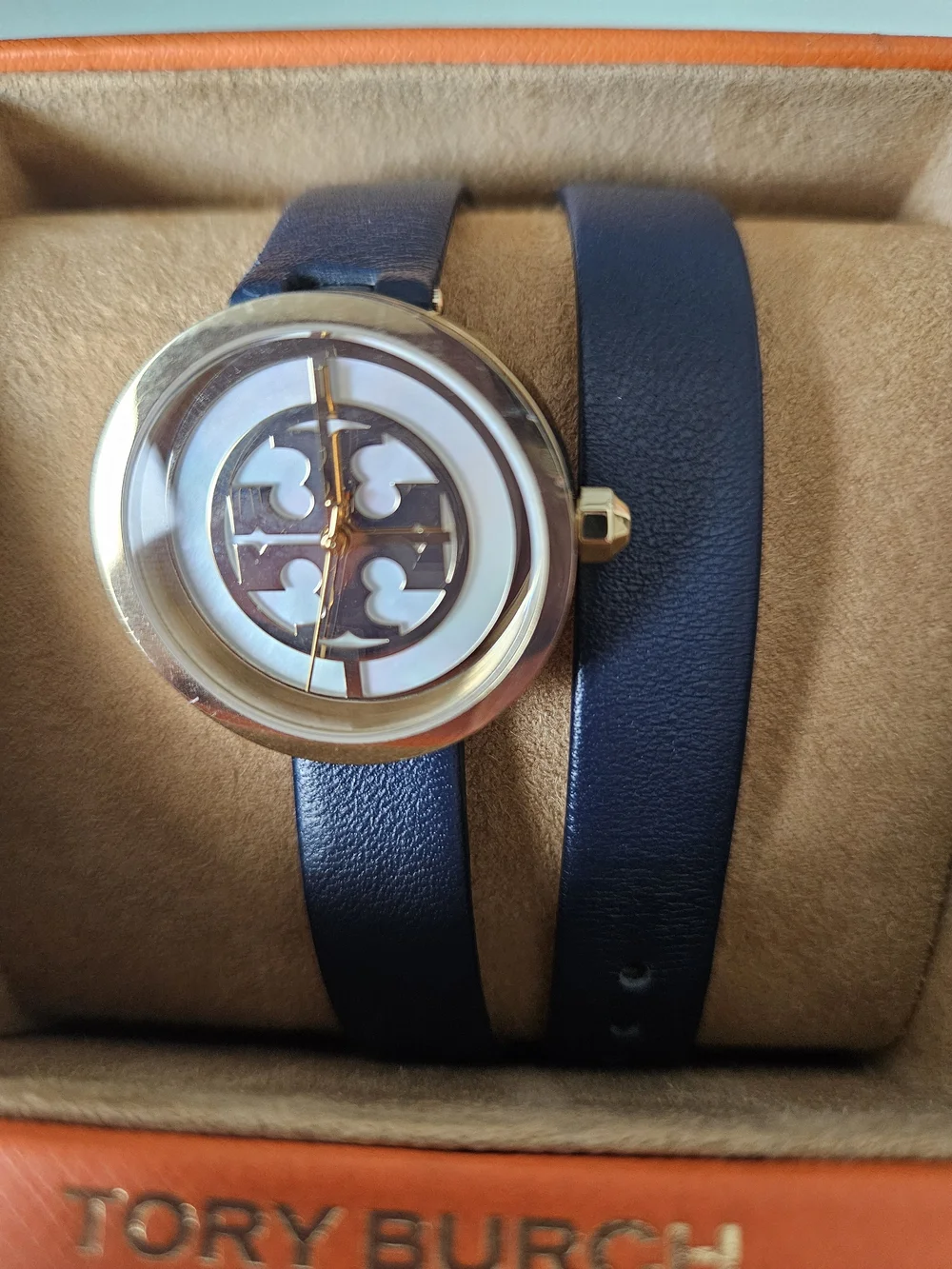 Tory Burch Reva Navy Leather Double-Wrap Watch with Gold Logo